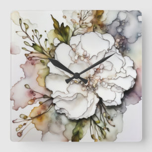 White Carnation Alcohol Ink Abstract Square Wall Clock