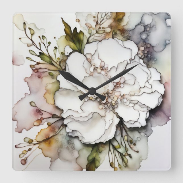 White Carnation Alcohol Ink Abstract Square Wall Clock (Front)
