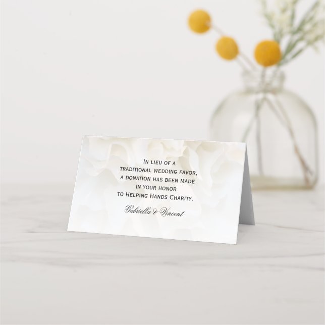 White Carnation Floral Wedding Charity Favours Place Card (Front)