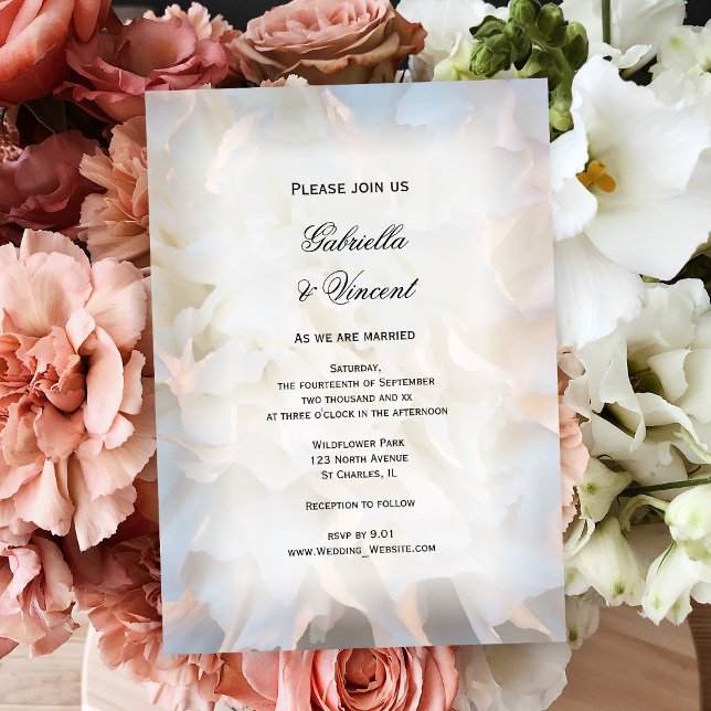 White Carnation Flowers Wedding Invitation (Invite guests to your garden party marriage with a pretty White Carnation Flower Wedding Invitation.)