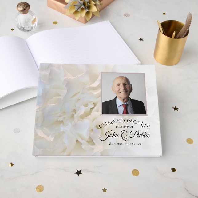 White Carnation Petal Celebration of Life Memorial Guest Book (Front Open)