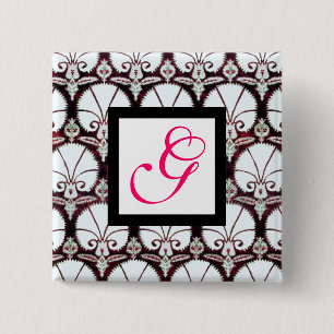 WHITE CARNATIONS DAMASK MONOGRAM pink fuchsia 15 Cm Square Badge
