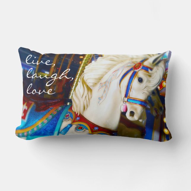 White Carousel Horse Photo Live Laugh Love Quote Lumbar Cushion (Front)