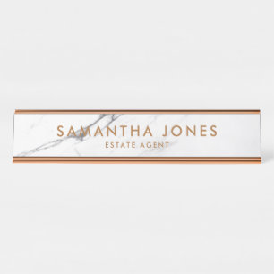 White Carrara Marble Copper Classic Personalized Desk Name Plate