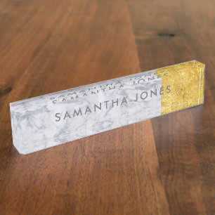 White Carrara Marble Gold Classic Personalised Nameplate