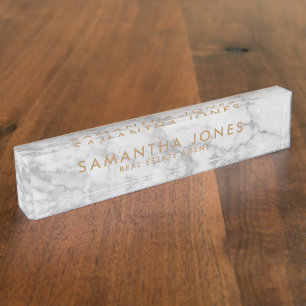 White Carrara Marble Gold Classic Personalised Nameplate