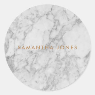 White Carrara Marble Gold Classic Personalised Round Sticker