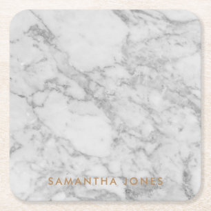 White Carrara Marble Gold Classic Personalised Square Paper Coaster