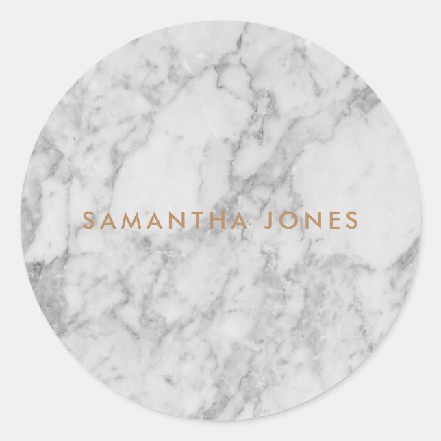 White Carrara Marble Gold Classic Personalized Classic Round Sticker (Front)