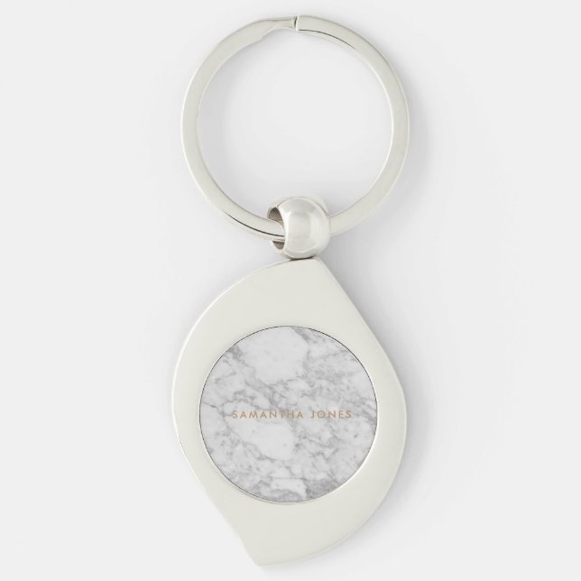 White Carrara Marble Gold Classic Personalized Key Ring (Front)
