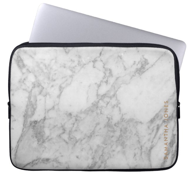 White Carrara Marble Gold Classic Personalized Laptop Sleeve (Front)