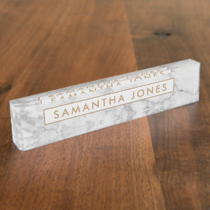 White Carrara Marble Gold Classic Personalized Nam Nameplate