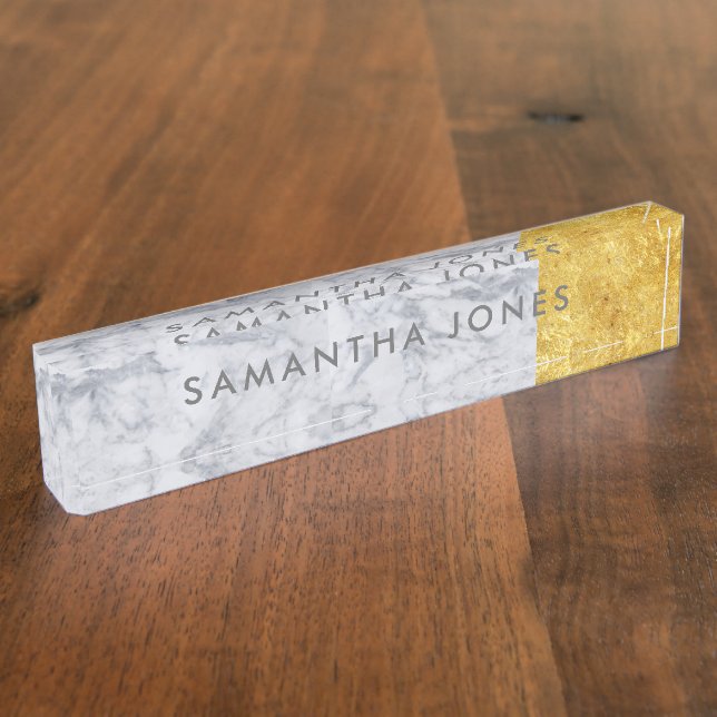 White Carrara Marble Gold Classic Personalized Nameplate (Side)