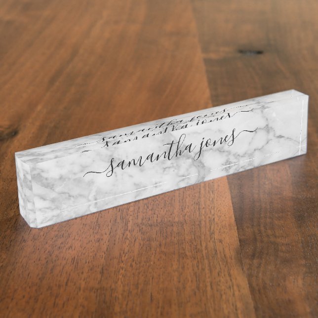 White Carrara Marble Gold Classic Script Nameplate (Side)