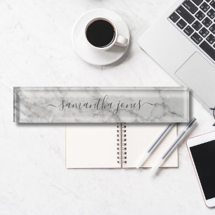 White Carrara Marble Gold Classic Script Nameplate