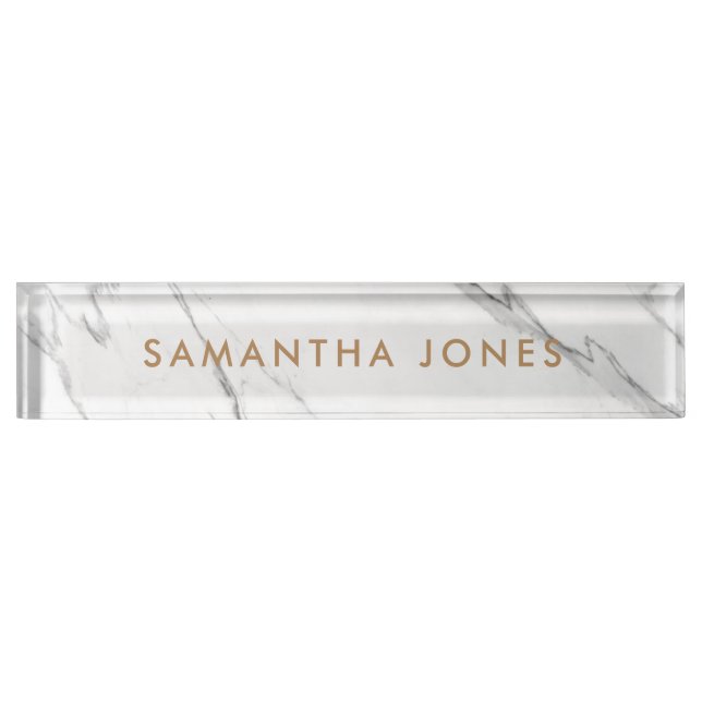 White Carrara Marble Gold Personalized Executive Nameplate (Front)
