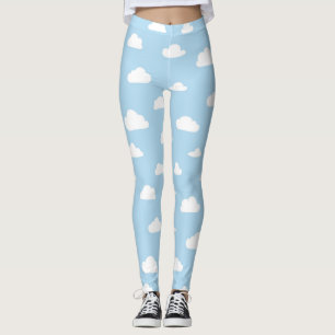 White Cartoon Clouds on Blue Background Pattern Leggings