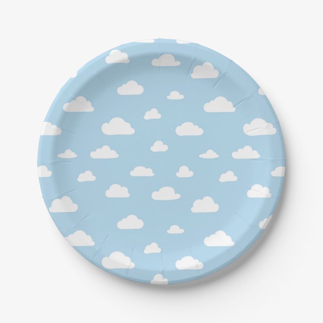 White Cartoon Clouds on Blue Background Pattern Paper Plate (Front)