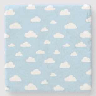 White Cartoon Clouds on Blue Background Pattern Stone Coaster