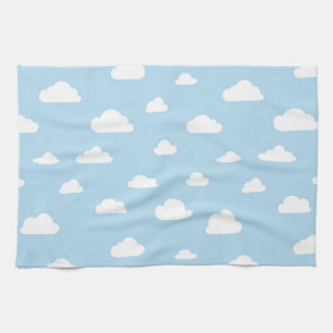 White Cartoon Clouds on Blue Background Pattern Tea Towel