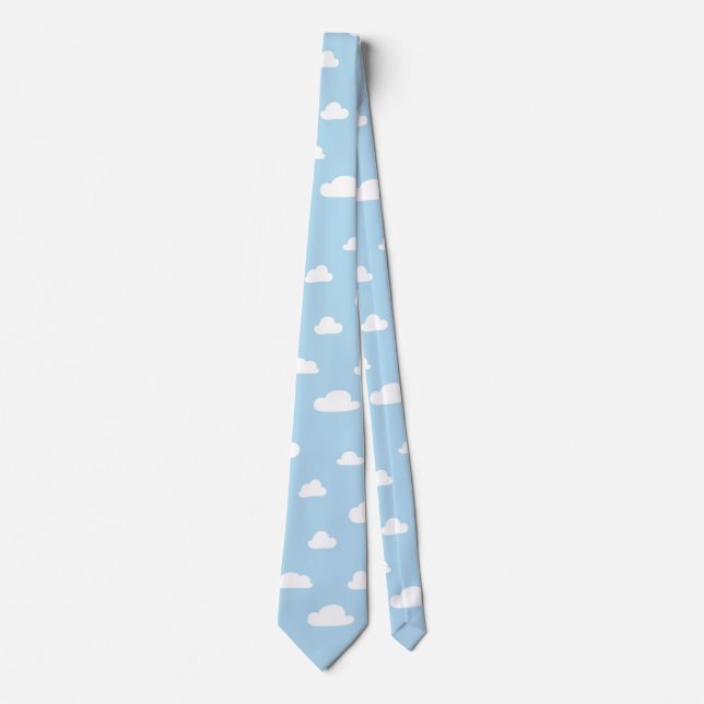 White Cartoon Clouds on Blue Background Pattern Tie (Front)