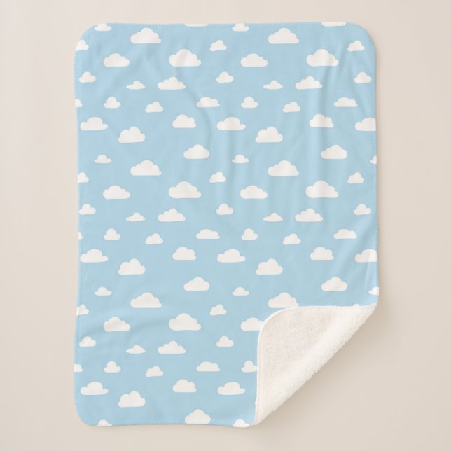 White Cartoon Clouds on Light Blue Background Patt Sherpa Blanket (Front)