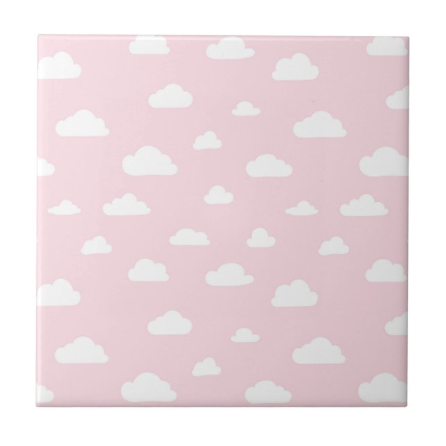 White Cartoon Clouds on Pink Background Pattern Ceramic Tile (Front)