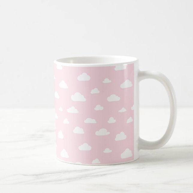 White Cartoon Clouds on Pink Background Pattern Coffee Mug (Right)