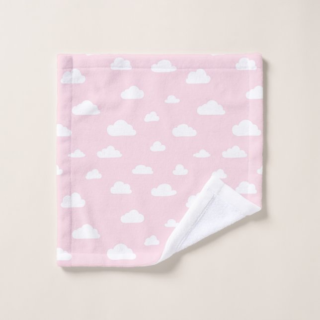 White Cartoon Clouds on Pink Background Pattern Wash Cloth (Wash Cloth)