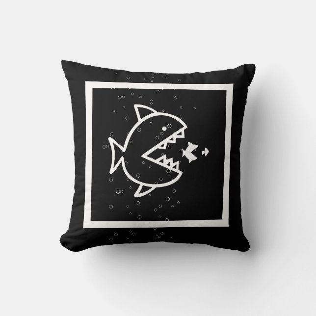 white CARTOON FISH on black pillow (Front)