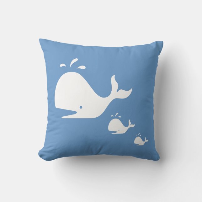 white CARTOON whale  on  blue pillow (Front)