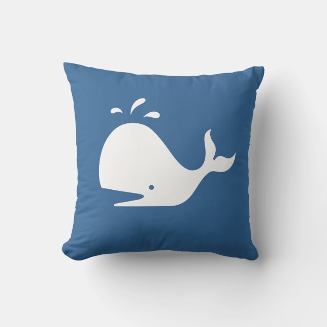 white CARTOON whale  on medium blue pillow (Front)