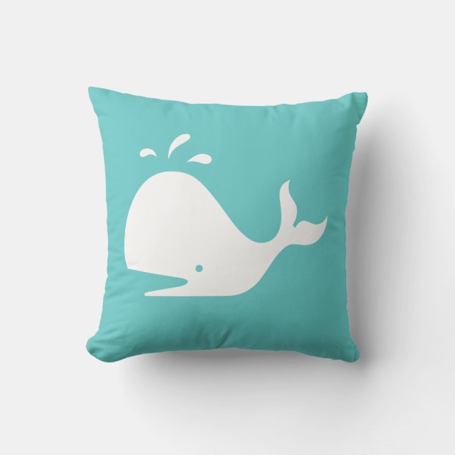 white CARTOON whale  on teal blue pillow (Front)