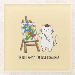 White Cat Abstract Painting Easel Minimalist Art Glass Coaster
