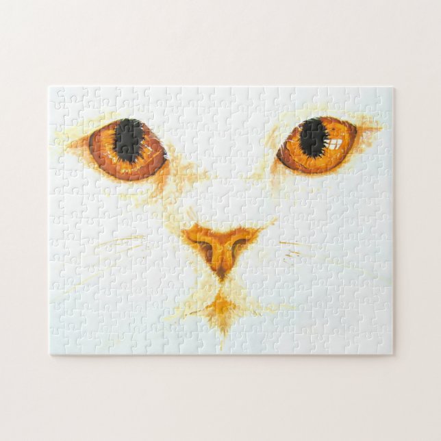 White Cat Amber Eyes Watercolour Art Print Jigsaw Puzzle (Horizontal)