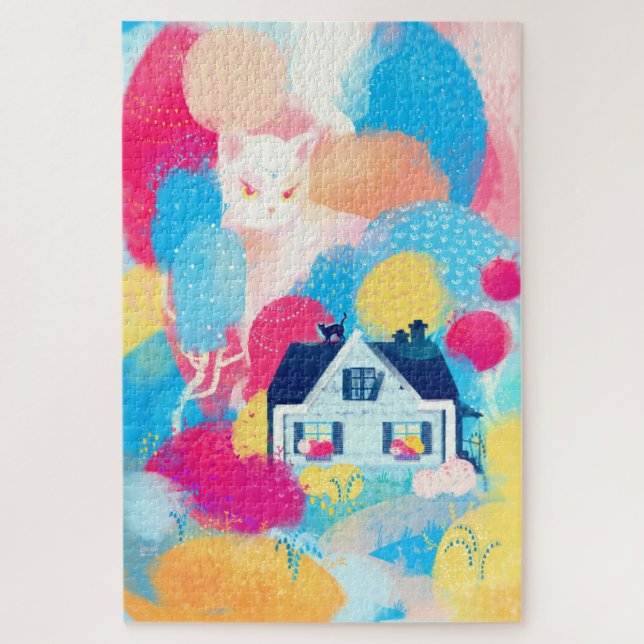White Cat and Country House Jigsaw Puzzle (Vertical)