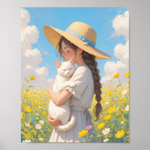 White Cat and Girl Anime Poster