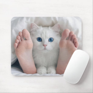 White Cat and Human Feet Under a Duvet Mouse Pad