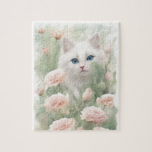 White Cat and Pink Flowers  Jigsaw Puzzle
