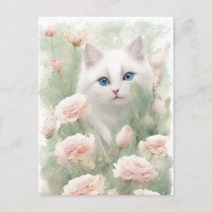 White Cat and Pink Flowers Postcard
