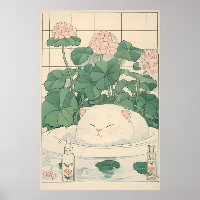 White Cat Bathtub Print, Ukiyo-e Japanese Art Poster (Front)