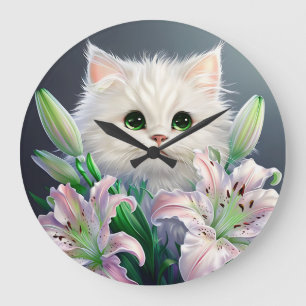 White Cat Behind Vibrant Lilies Large Clock