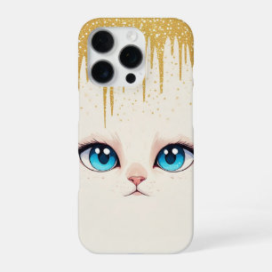 White Cat Blue Eyes Minimalist Golden Drip Portrai iPhone 16 Pro Case