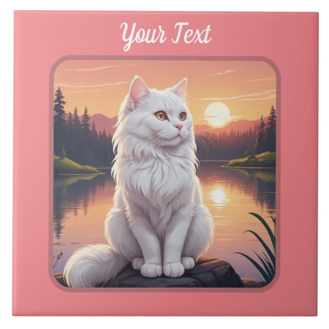 White Cat by Lake Ceramic Tile (Front)