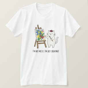 White Cat Cartoon Artist Painting Colorful Artwork T-Shirt
