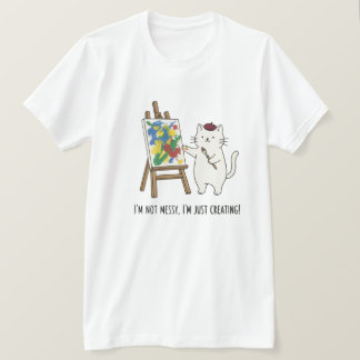 White Cat Cartoon Artist Painting Colorful Artwork T-Shirt