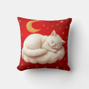 🐱 White Cat Cosy Sleep Home Style Red ❤️ Cushion