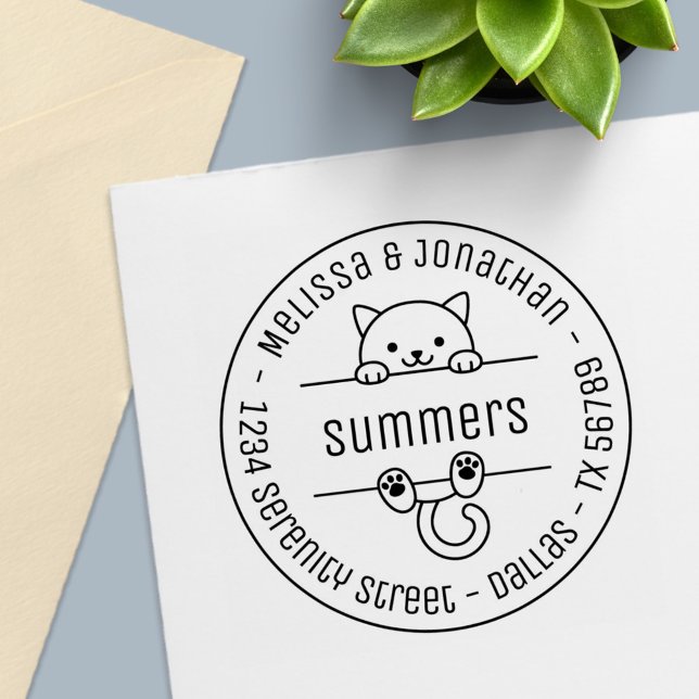 White Cat Couple Family Round Address Self-inking Stamp (Creator Uploaded)