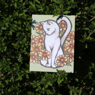 White Cat Daisy Flowers Cats Postcard