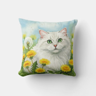 White Cat Dandelions Flowers Pillow